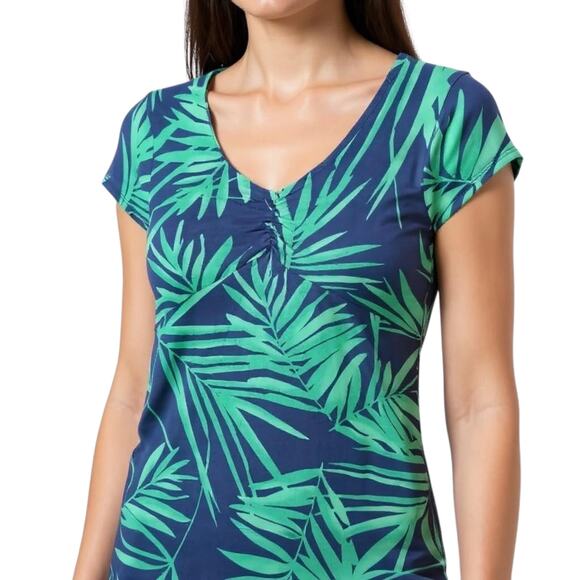 Merona Jersey Knit Top Women's Sz M Blue Green Leaf Print Cap Sleeve V Neck Tee - Picture 1 of 11
